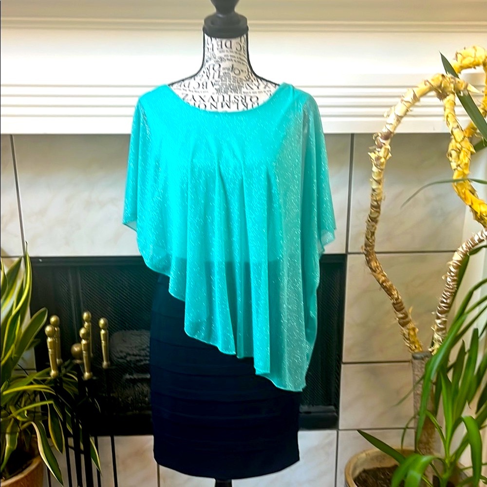 Sparkling Teal Poncho Top and Black Skirt Set